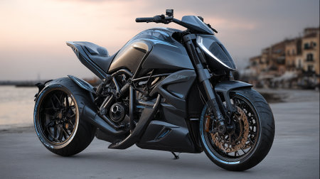 Sleek Gray Motorcycle on Coastal Road with Cityscape Backdrop at Sunsetの素材