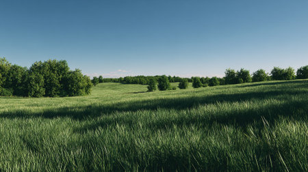 Serene green grass landscape with trees under a bright blue skyの素材