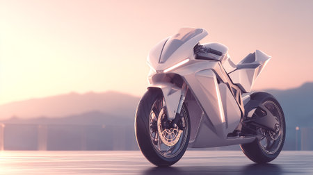 Sleek white motorcycle basking in the soft light of a serene horizon.の素材