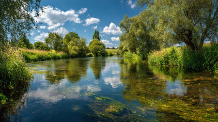Idyllic River Scenery Reflecting Sky and Clouds in Natural Environmentの素材