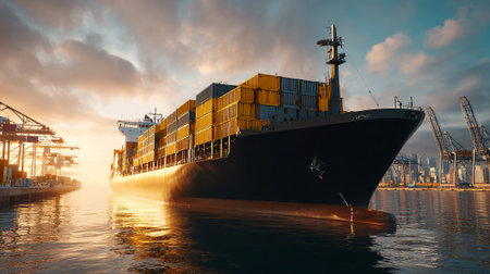Commercial cargo ship docked at the harbor during sunset with containers.の素材