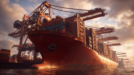 Massive Container Ship Docked at Port, Ready for International Shippingの素材