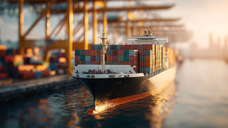 Massive cargo ship loaded with containers near cranes on the riverの素材