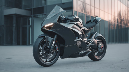 Elegant Dark Motorcycle in Urban Setting Showcasing Advanced Engineering and Sleek Designの素材