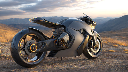 Futuristic Motorcycle Design Showcasing Advanced Technology and Sleek Aestheticism Against a Mountain Backdropの素材