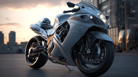 Sleek Gray Motorcycle Parked Downtown at Twilight Ready for a Rideの素材
