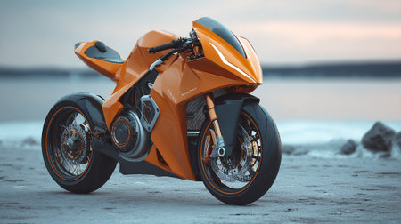 Sleek Orange Motorcycle on Beachfront, Modern Design and Concept Bike Aestheticの素材