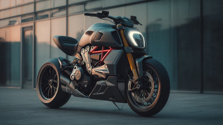 Sleek Modern Motorcycle Standing Out, Ready for the Road, Adventure Awaitsの素材