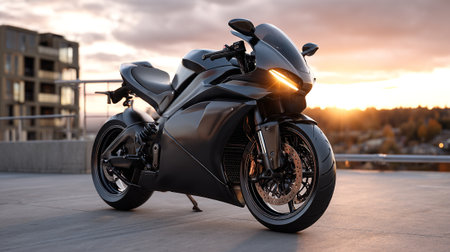 Sleek Black Motorcycle Radiating Elegance Against a Golden Sunset Backdropの素材