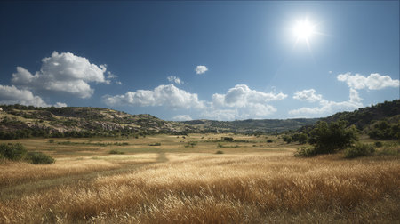 Serene Countryside Landscape Under a Blue Sky with Golden Wheat Fieldsの素材