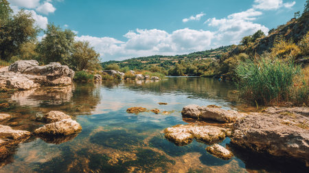 Idyllic Tranquil River Landscape with Rocks, Trees, and Hills Under Blue Skyの素材