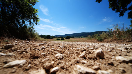 A sun-drenched gravel path leading to scenic green hills and blue sky.の素材