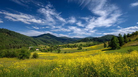Vibrant Yellow Flower Meadow and Lush Green Mountains Under a Bright Blue Skyの素材