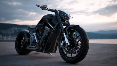 Powerful Black Motorcycle on Concrete with Scenic Overlook at Dusk or Dawnの素材