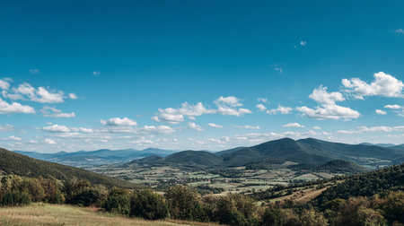 Serene Mountain Valley Under Blue Skies: A Picturesque Carpathian Landscape Viewの素材