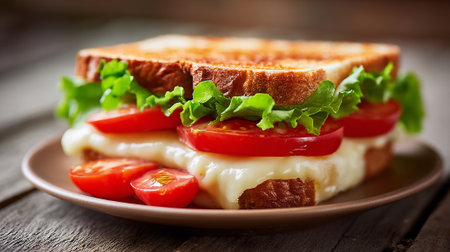 Grilled cheese sandwich with tomatoes and lettuce on a rustic wood surfaceの素材