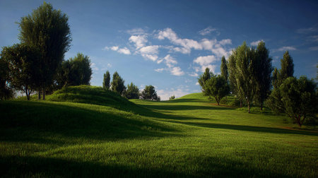 Rolling Green Hills Landscape with Blue Sky and Fluffy White Cloudsの素材