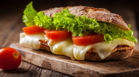 Mouthwatering sandwich with cheese, tomato, and lettuce on a rustic wooden board.の素材