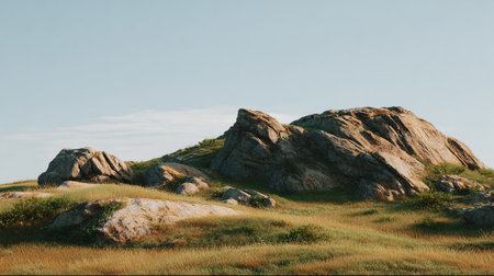 Scenic rocky hillside with clear skies offering a serene landscape viewの素材