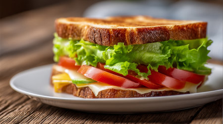 Delicious toasted sandwich filled with vibrant fresh ingredients on a white plate.の素材