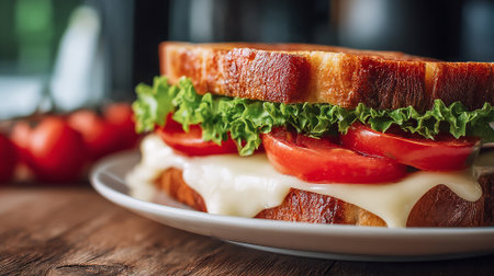 Delicious toasted sandwich filled with melting cheese, lettuce and tomatoes on a plate.の素材