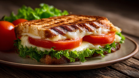 Grilled Cheese Sandwich with Tomato and Lettuce on Rustic Wooden Tableの素材