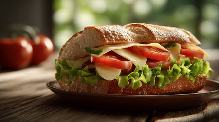 Delicious Sandwich on a Rustic Wooden Table Ready to Be Enjoyedの素材