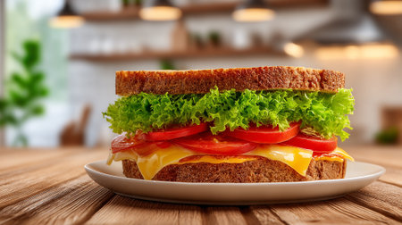 Delicious sandwich featuring fresh lettuce, sliced tomatoes, and melted cheese on toasted bread.の素材