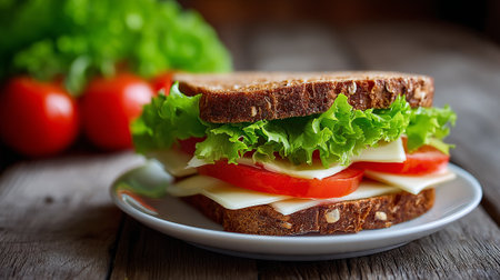 Delicious whole wheat sandwich with cheese, tomatoes, and lettuce on wooden surface.の素材