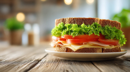 Delicious ham, cheese, and lettuce sandwich on rustic wooden surfaceの素材
