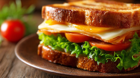 Delicious toasted sandwich featuring fresh ingredients on a rustic wooden tableの素材