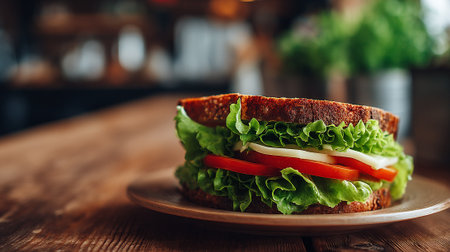 Delicious homemade sandwich with fresh ingredients on a wooden plate settingの素材