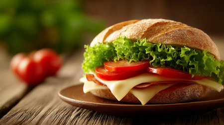 Delicious sandwich with fresh lettuce, ripe tomatoes, cheese, and sliced meatの素材