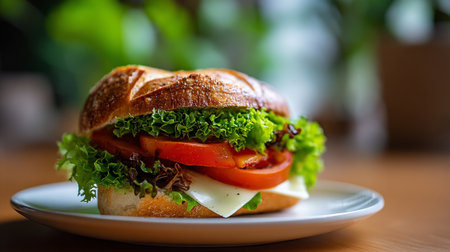 Delicious sandwich with tomato, cheese, and lettuce, served on a white plateの素材