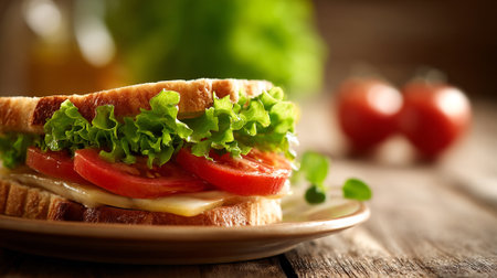 Delicious homemade sandwich featuring fresh ingredients on a rustic wooden surface.の素材