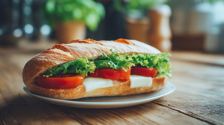 Delicious Baguette Sandwich Filled with Fresh Mozzarella, Tomatoes, and Green Lettuceの素材