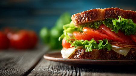 Delicious-Looking Sandwich with Fresh Tomatoes and Lettuce on Rustic Wooden Tableの素材