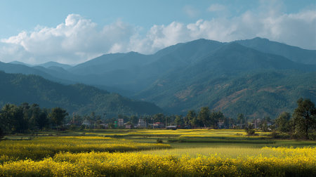 Picturesque Landscape of Yellow Flowers Field with Serene Mountain Backdropの素材