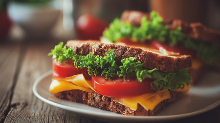 Delicious Sandwiches with Fresh Ingredients on Rustic Wooden Table Surfaceの素材