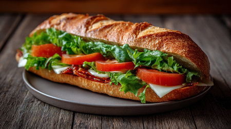 Delicious submarine sandwich with fresh ingredients on a rustic wooden surfaceの素材