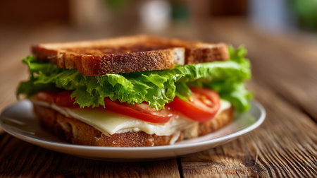Delicious toasted sandwich with cheese, tomato, and lettuce on rustic wooden surfaceの素材