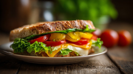 Delicious toasted sandwich with fresh ingredients on wooden surface, ready to eatの素材