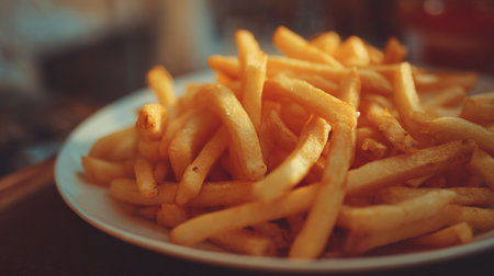 Golden French Fries Delightfully Piled High on a Rustic Plateの素材