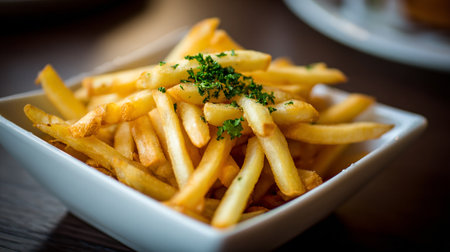 Crispy golden french fries on a rustic plate served with ketchup.の素材