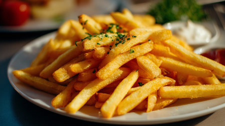 Appetizing golden french fries plate served with a refreshing green saladの素材