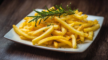 Golden Perfection: A Trio of Delicious French Fries Displayed on Dark Platesの素材