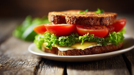 Delicious looking vegetarian sandwich on a white plate, against wooden table.の素材