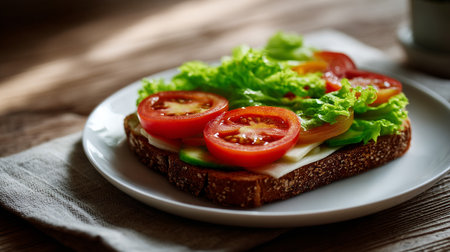 Open-Faced Sandwich on Plate with Tomato, Lettuce, and Cheese Under Natural Sunlightの素材