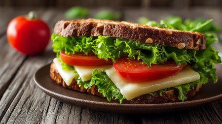 Delicious fresh sandwich with tomatoes, cheese, and lettuce on a wooden table.の素材
