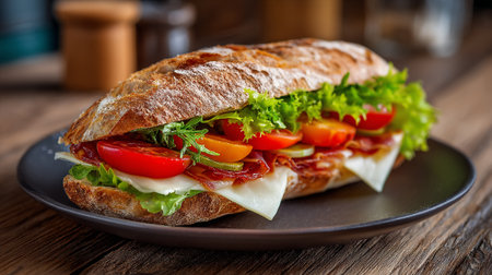 Delicious gourmet sandwich with fresh ingredients on a rustic wooden table.の素材